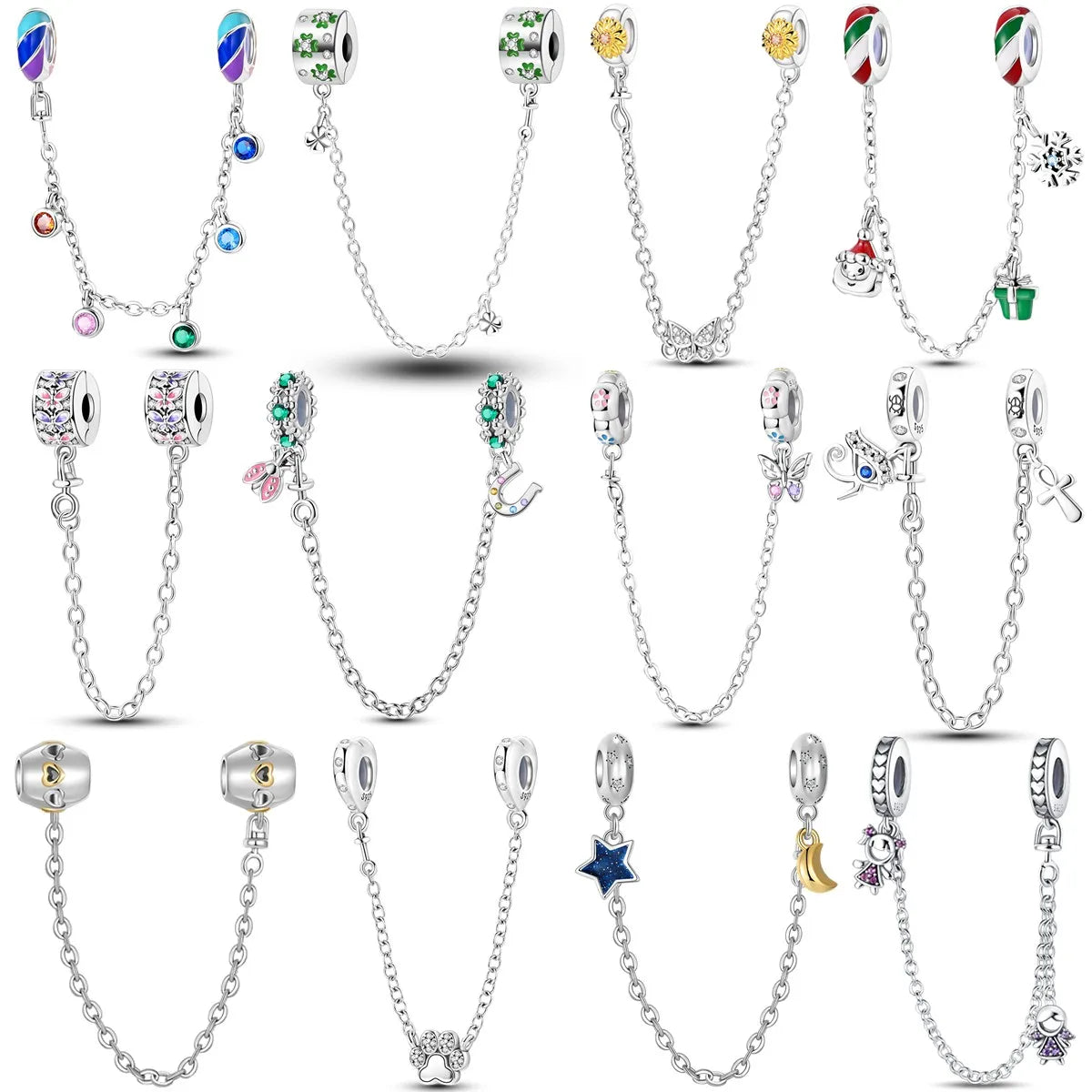 925 Sterling Silver Star Moon Safety Chain Charm | Pandora Fit Jewelry