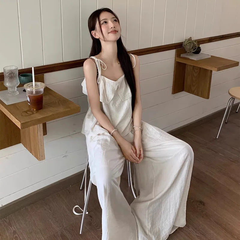 Casual Loose Women’s Two-Piece Set – White Lace Trim Strap Top & High Waist Wide-Leg Pants Summer Fashion Outfit