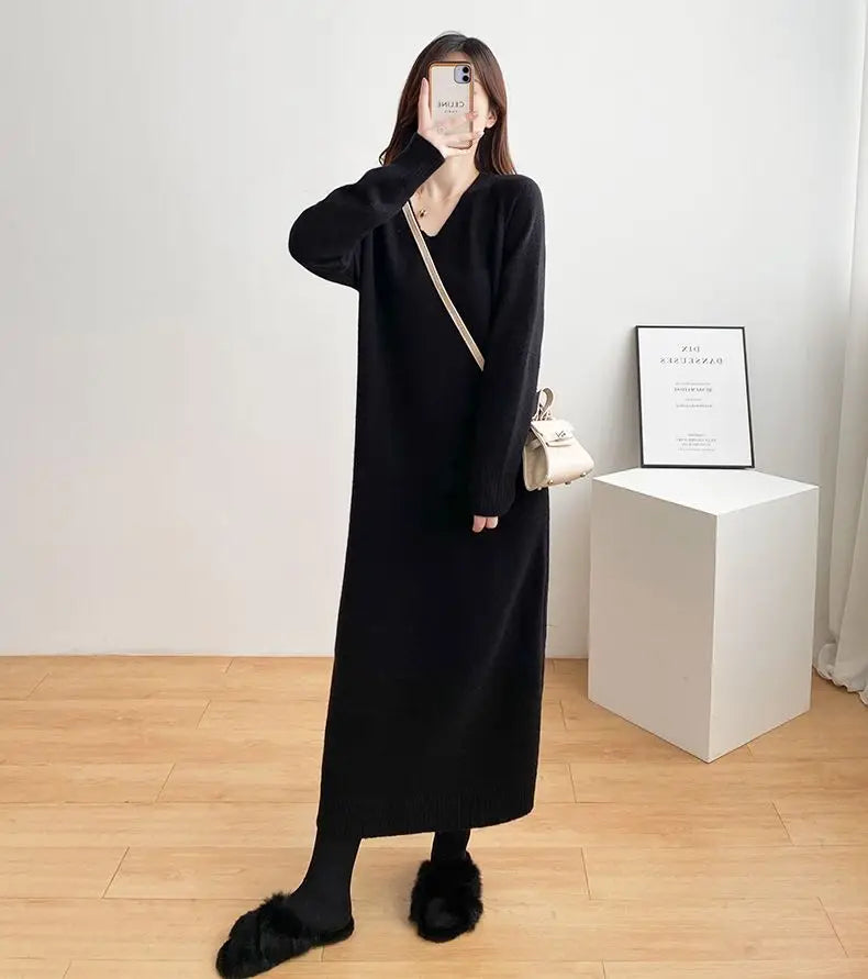 Ladies’ Knitted V-Neck Dress – Loose Fit Base Layer Skirt, Casual Straight Tube Korean Style Autumn Winter Dress