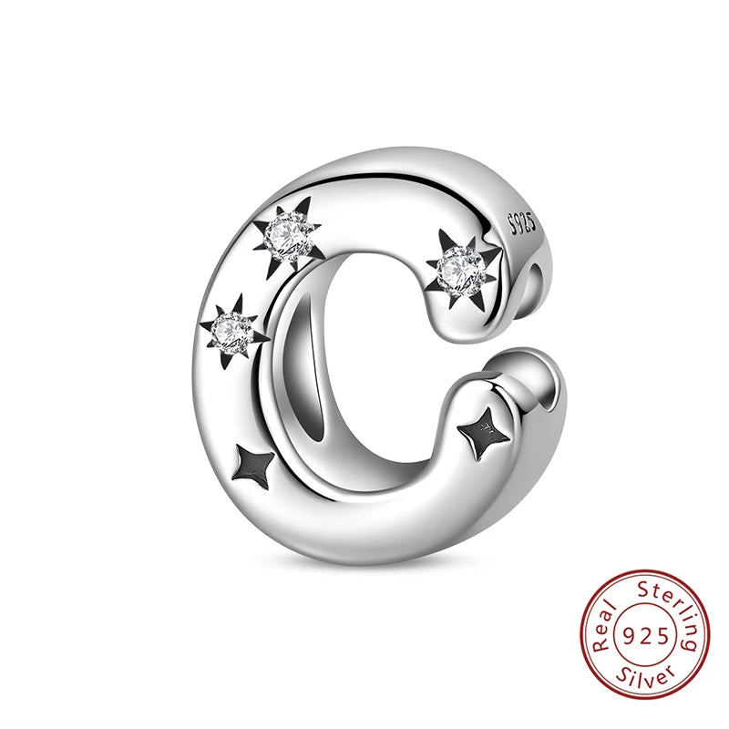 Classic 925 Sterling Silver A–Z Alphabet Charms | Letter Beads with Stars Fit Original Bracelet DIY Jewelry for Women
