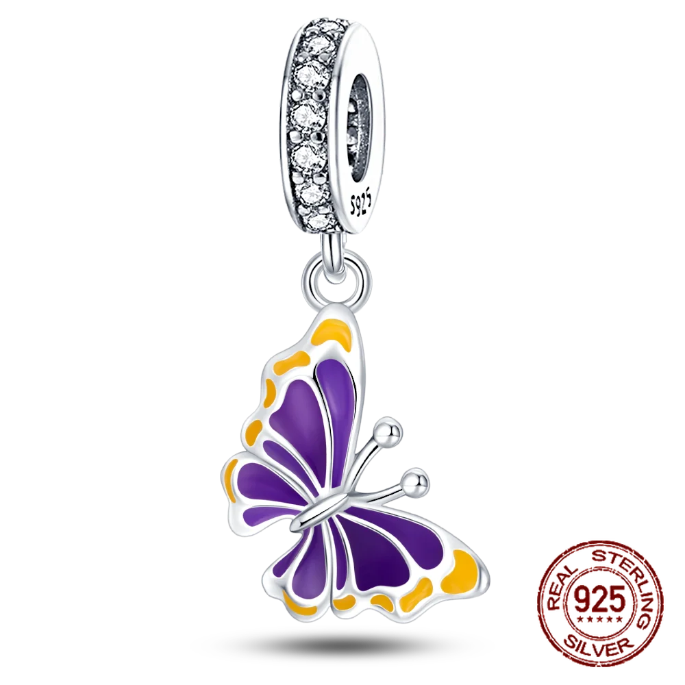 925 Sterling Silver Purple Flower & Butterfly Dangle Charm | Bead for 4MM Bracelet or Necklace DIY Jewelry Gift