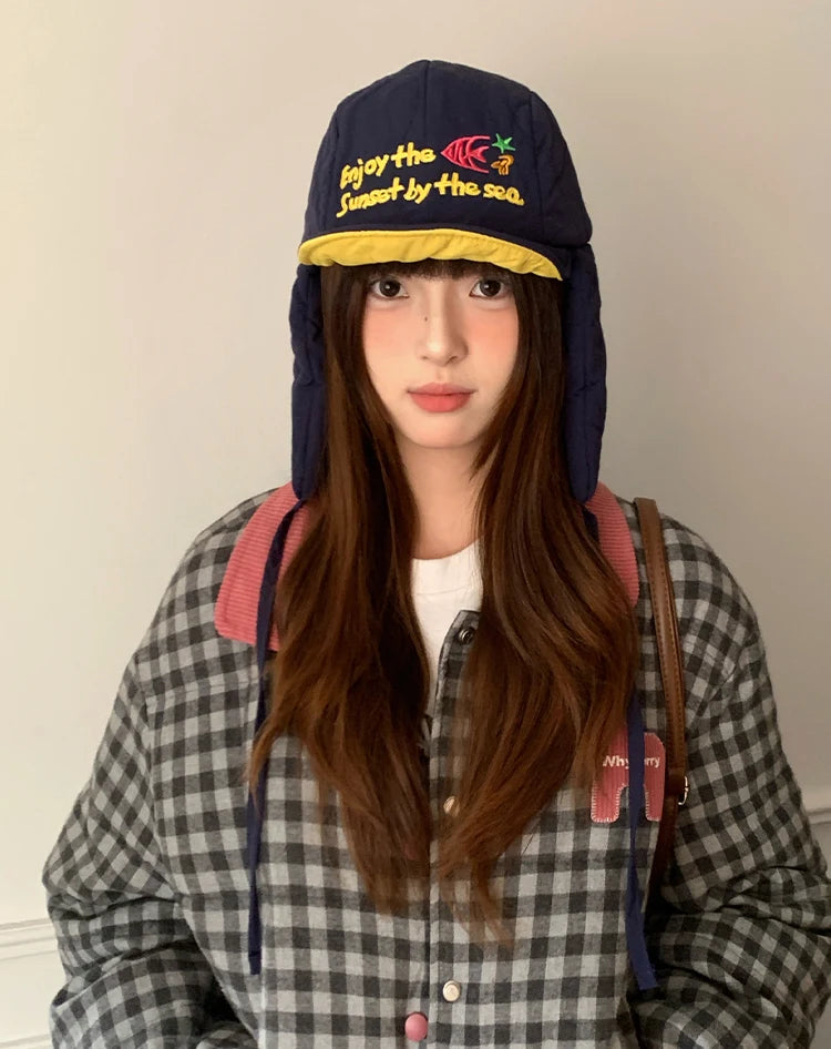 Korean Cute Alphabet Embroidery Thickened Lei Feng Hat Women's Winter Outdoor Cycling Warm Ear Hat Ski Hat