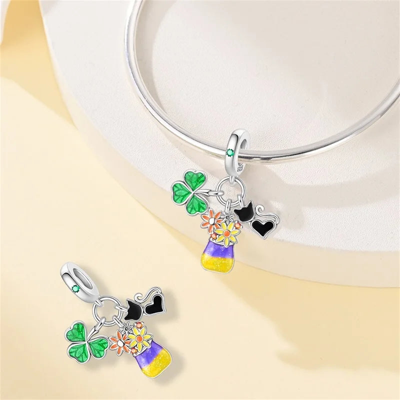 Original 925 Sterling Silver Luminous Lantern & Magic Cat Charm Bead | Glowing Angel Jungle Pendant for Bracelet Jewelry
