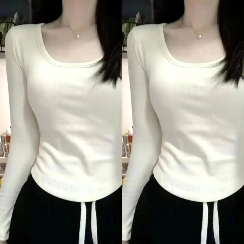 Women's Fleece-Lined Long Sleeve T-Shirt ❄️ Sweet Slim Fit U-Neck Top 👚 Autumn Winter Warm Fashion