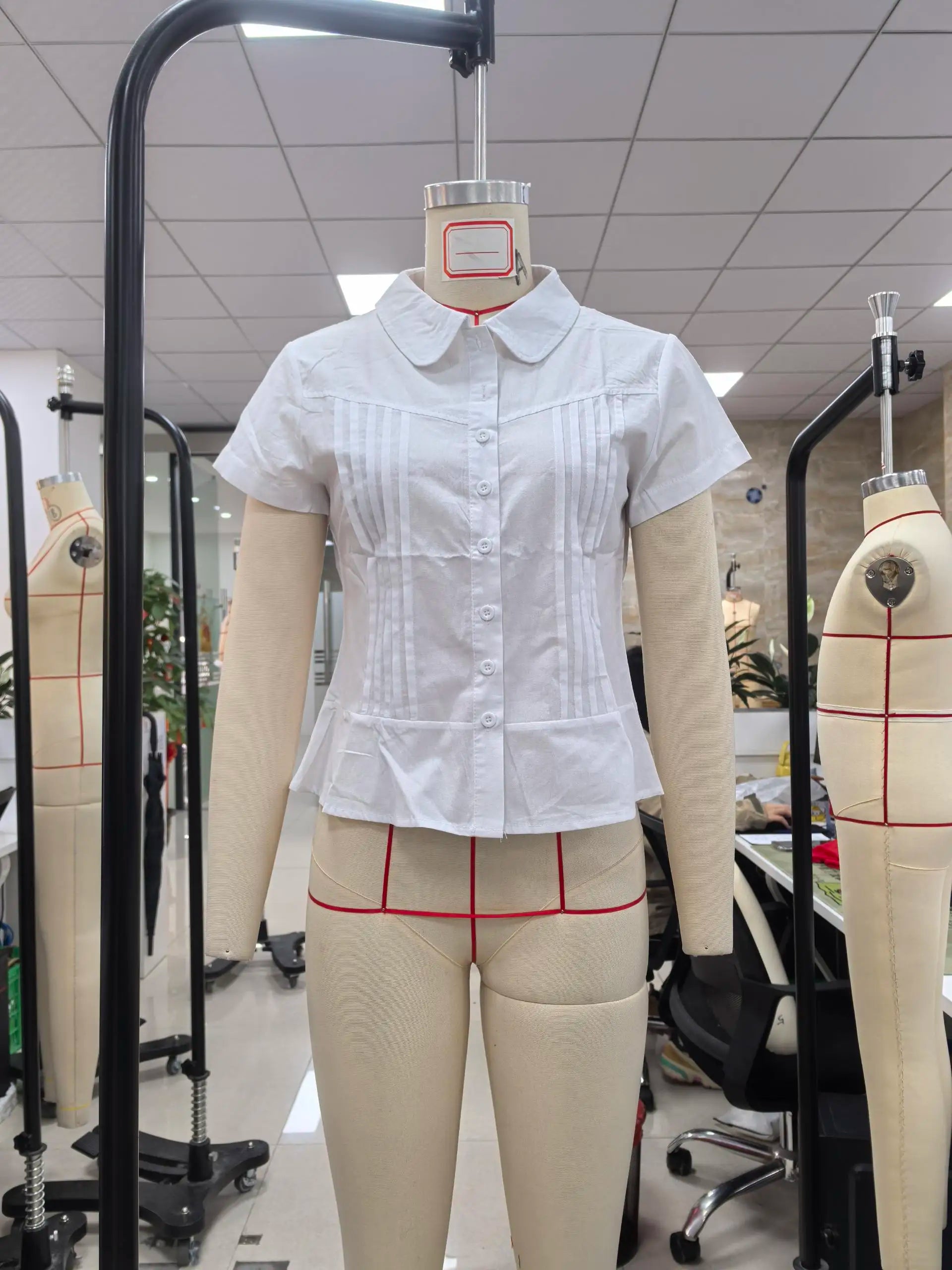 Women’s Summer Slim Fit Shirt – Solid Color Short Sleeve Lapel Button Down Pleated Top Streetwear