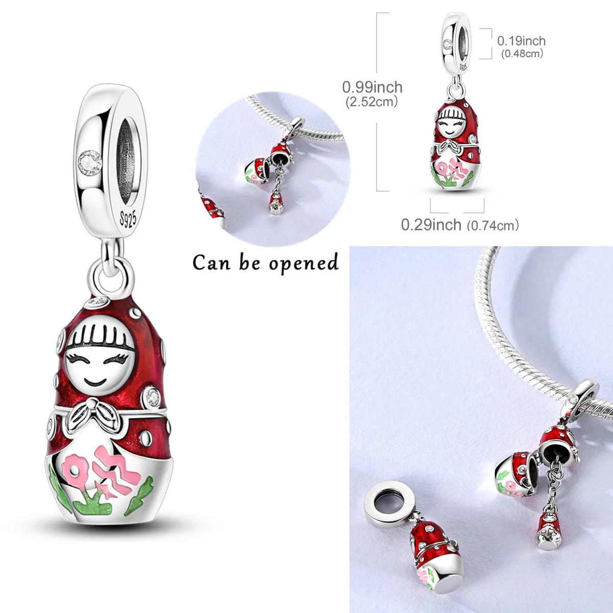 925 Sterling Silver CZ Zircon Polka Dot Nesting Dolls Charm Bead | Dangle for Original Bracelets DIY Women’s Jewelry Gift