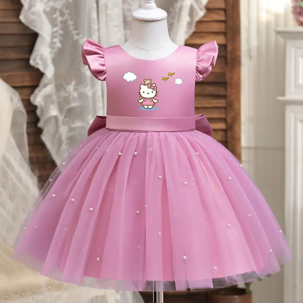 Hello Kitty Girls Pearls Dress – Elegant Princess Wedding Gown, Tulle Birthday Party Dress for Children 3-7Y