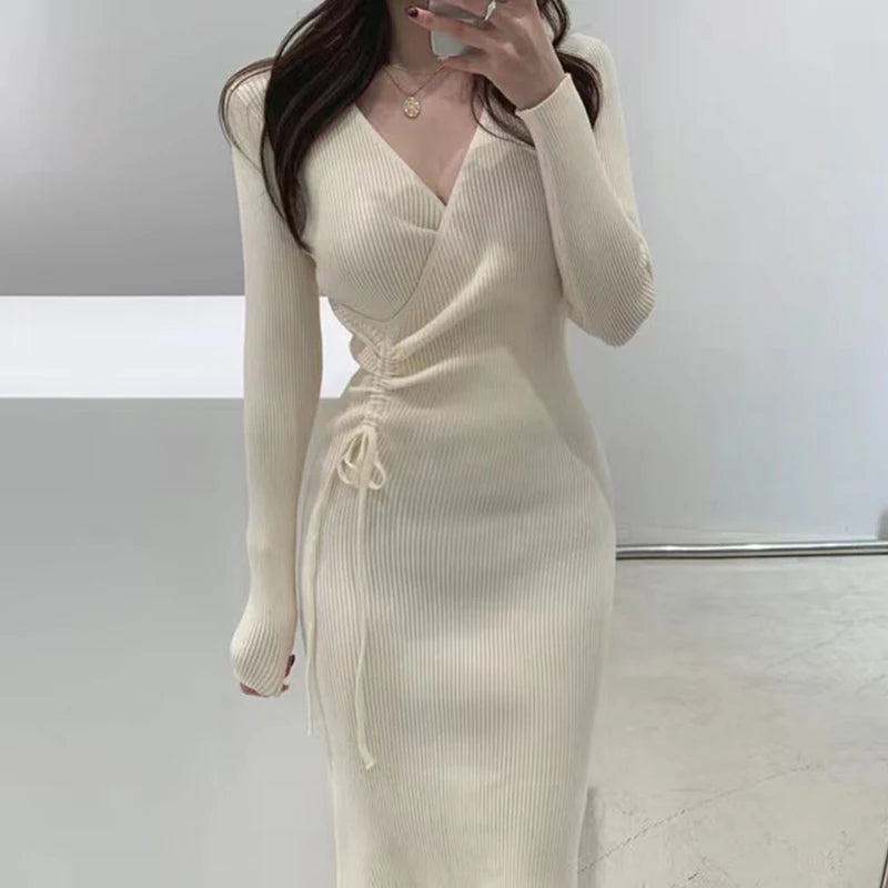 Chic V-Neck Pleated Drawstring Slimming Mid-Length Wrap Dress – Women’s Knitted Sweater Dress | Korean Style High Waist A-Line