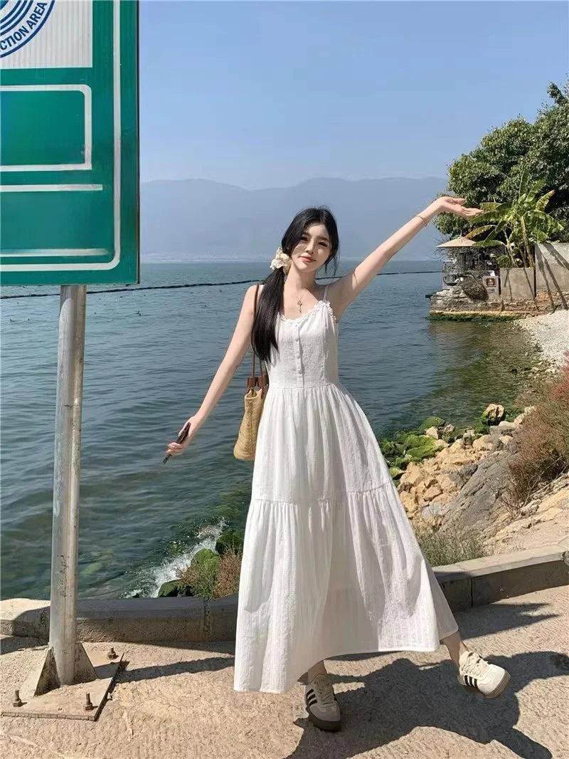 Summer 2025 Women’s Pure Cotton White Strap Dress with Long Sleeve Ice Silk Knitted Sun Protection Cardigan Set – Elegant Fashion