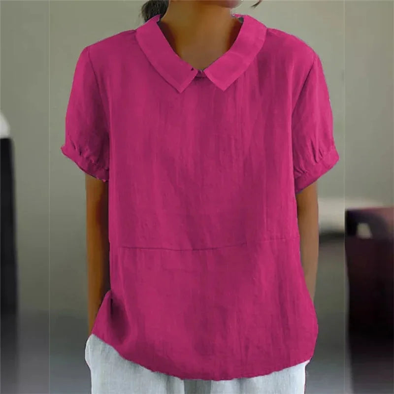 Women’s Summer Cotton Linen Lapel Pullover Shirt – Solid Color Short Sleeve Blouse 2024 👚☀️