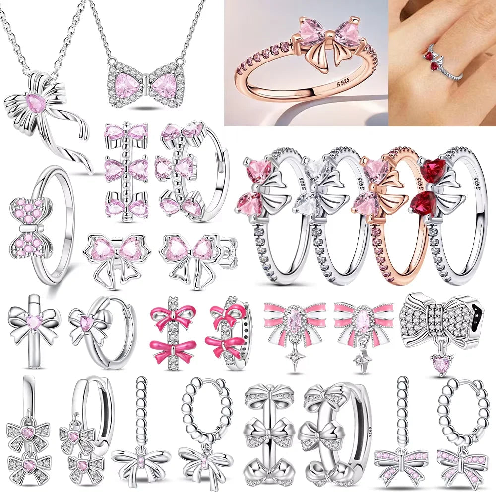 2024 New 925 Sterling Silver Bow Tie Jewelry Set | Zircon Ring, Earrings, Bracelet & Necklace for Women Gift