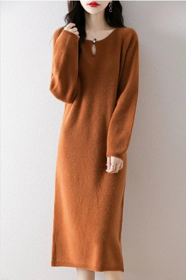 Loose Knitted Sweater Dress for Women – Round Neck Long Sleeve Casual Autumn New Arrival Elegant Fashion Dress