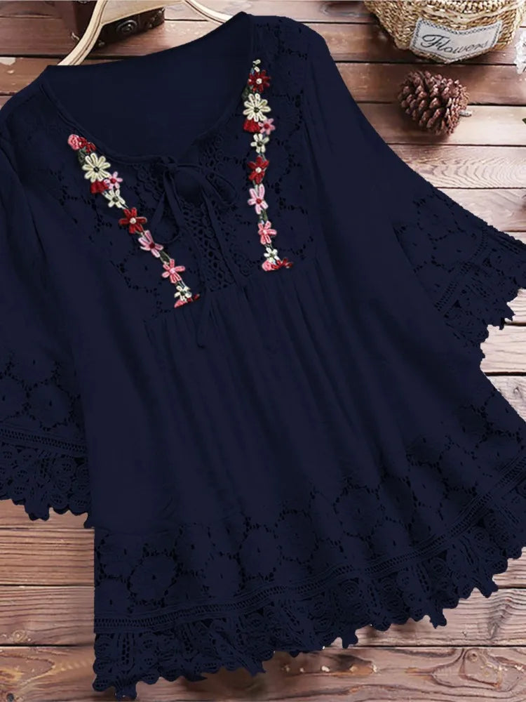 Summer Women Casual V-Neck Blouse – Cotton & Linen Lace Flower Loose Top 🌸☀️