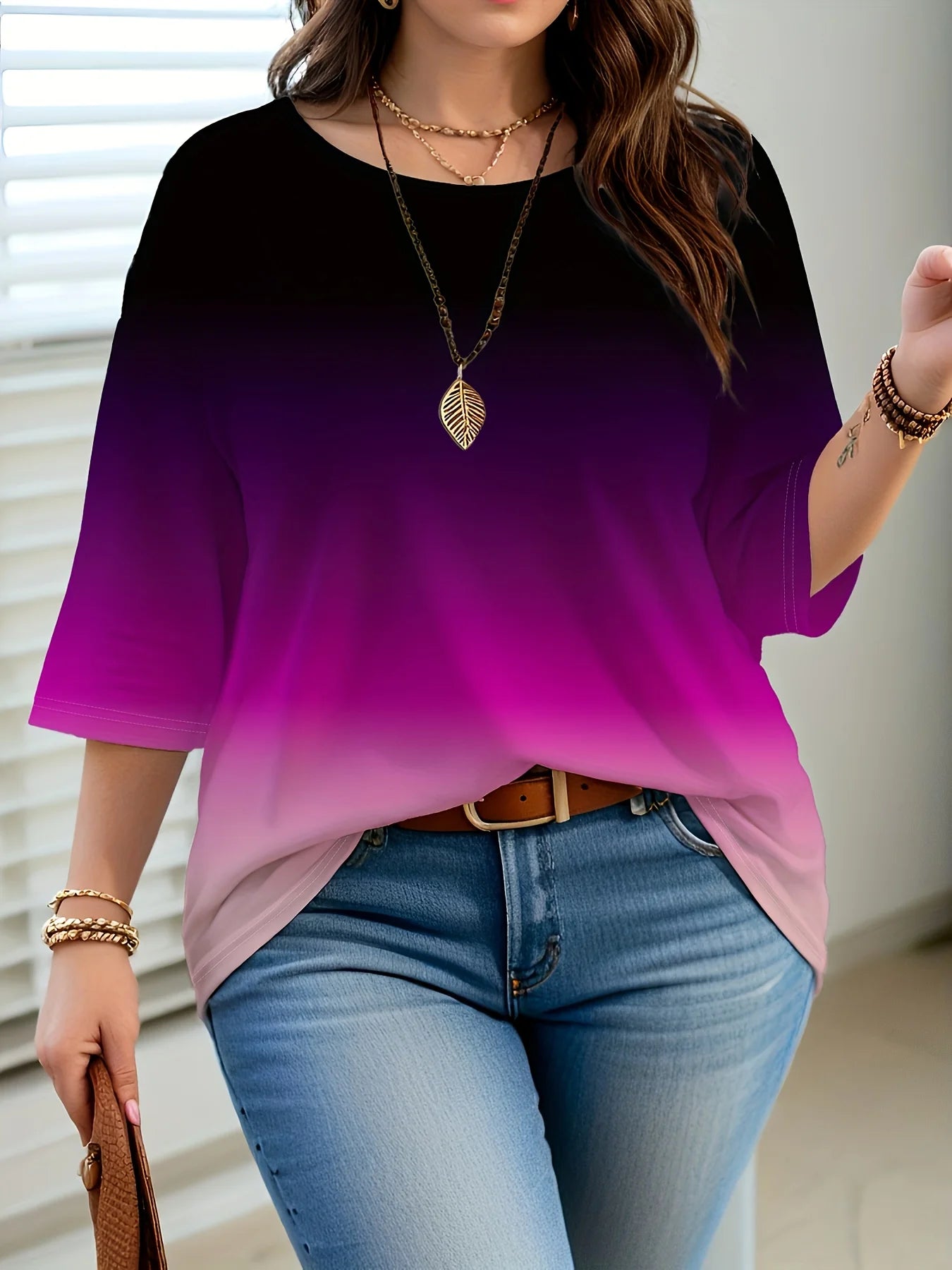Plus Size Women’s Gradient Color T-Shirt – Loose, Elegant, Casual & Comfortable Top 🌿✨