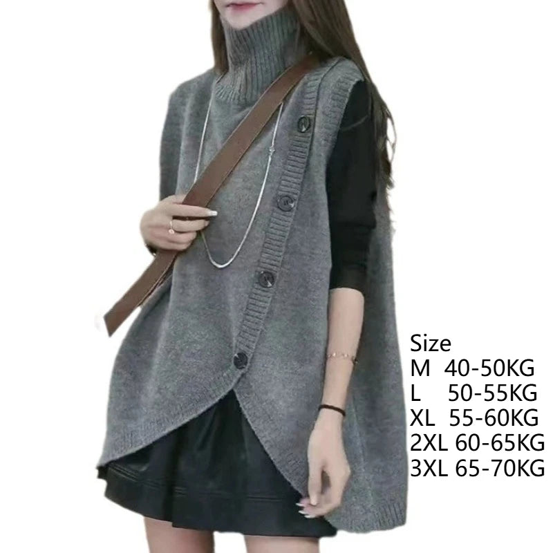 Women’s Sleeveless Long Sweater Vest | Vintage Irregular Spliced Button Knitwear | Elegant Turtleneck Loose Pullover