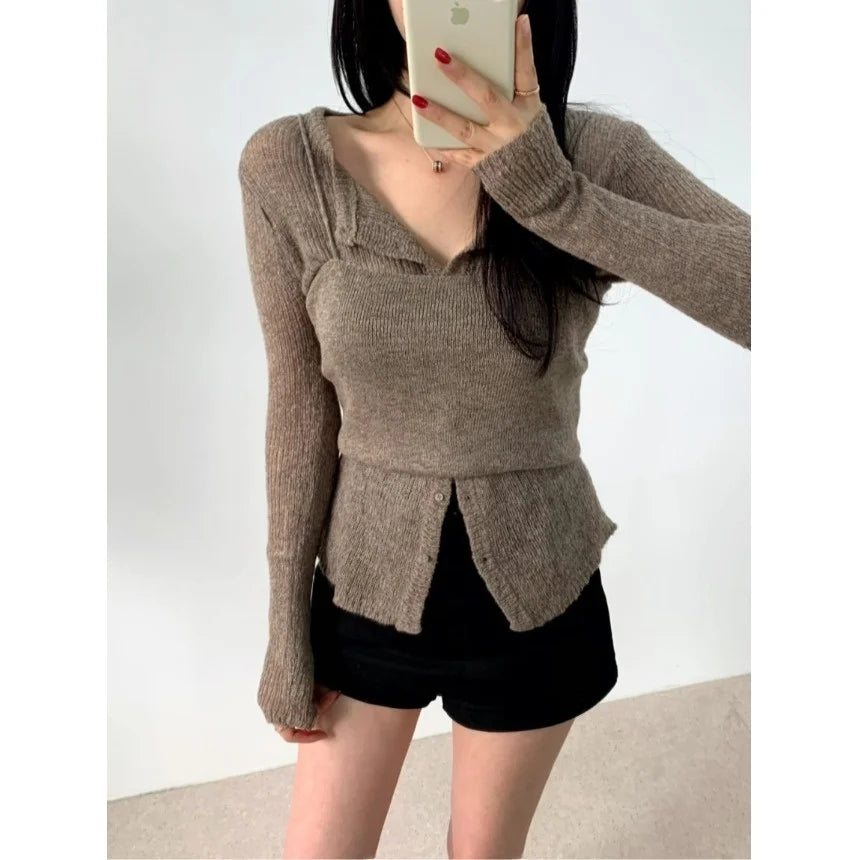 Simple round Ne Button up Knit Sweater Strap Set Casual Sle Polyester Fiber Open Cardigan for Women Autumn Winter ential