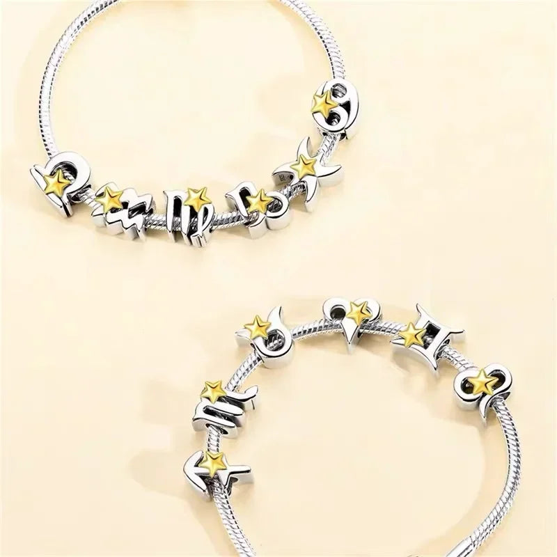 925 Silver Plated Twelve Constellations Charms Star Beads for Bracelet DIY Jewelry