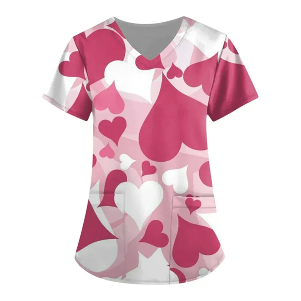 Women’s Heart Print Medical Top ❤️ V-Neck Short Sleeve Nursing Uniform ✨
