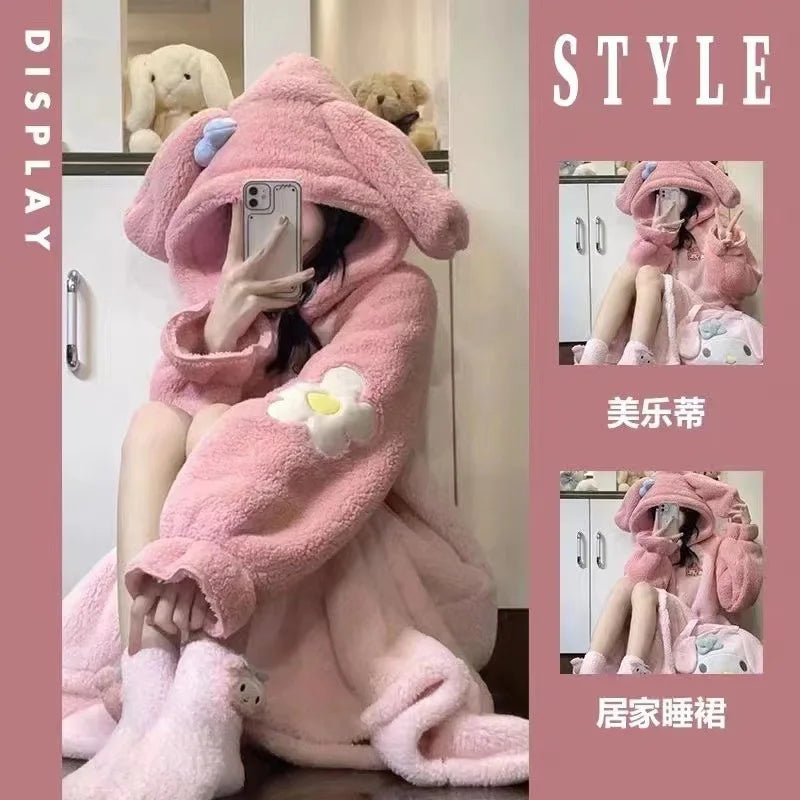 Kawaii Sanrio Hello Kitty Velvet Pajamas Set | Cute Cartoon Nightgown & Bathrobe | Girls & Couples Soft Home Wear