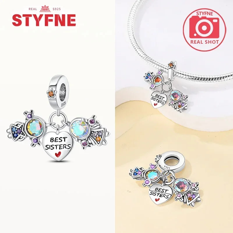 S925 Silver Forever Love Family Sister Heart Charm – Fit Original Bracelet DIY Jewelry Gift for Women & Friends