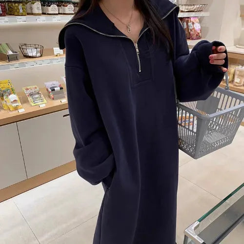 Women’s Winter Collar Zip Dress – Loose Lazy Long Sleeve H-Line Polyester Dress with Zipper, Commute Casual Wear
