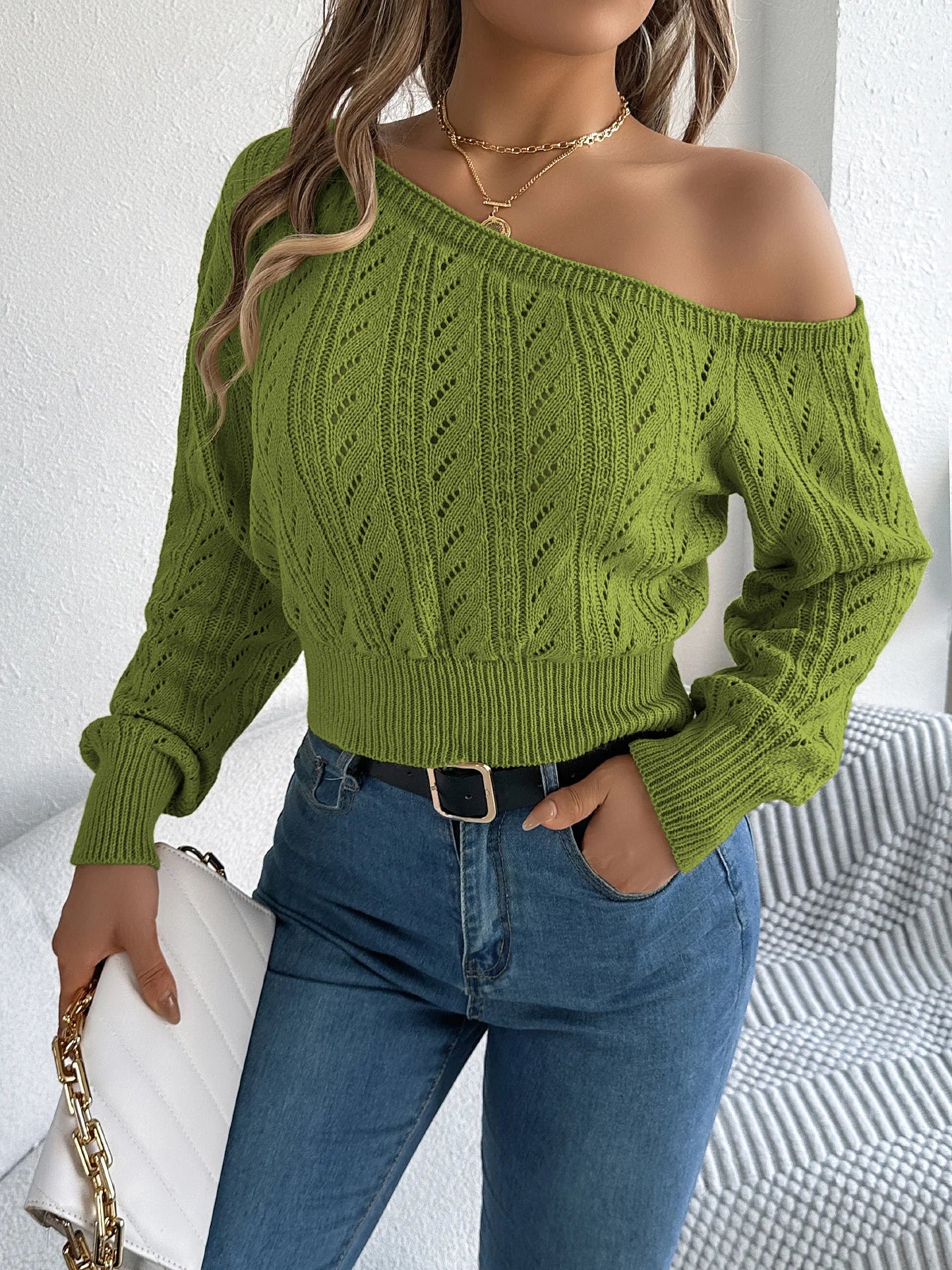 Women’s Autumn/Winter Slash Neck Off-Shoulder Knitted Pullover Sweater – Casual Elegant Long Sleeve Top