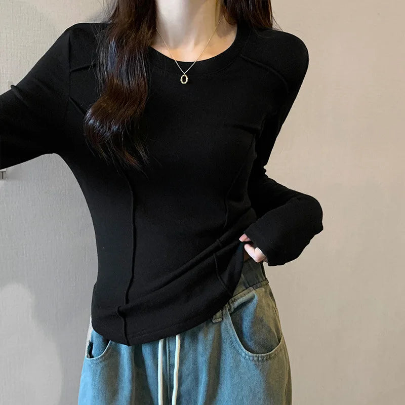 Women's Long Sleeve Velvet Base Shirt 👚 Slim Fit Round Neck T-Shirt ✨ Pure Color Winter Fashionable Top ❄️