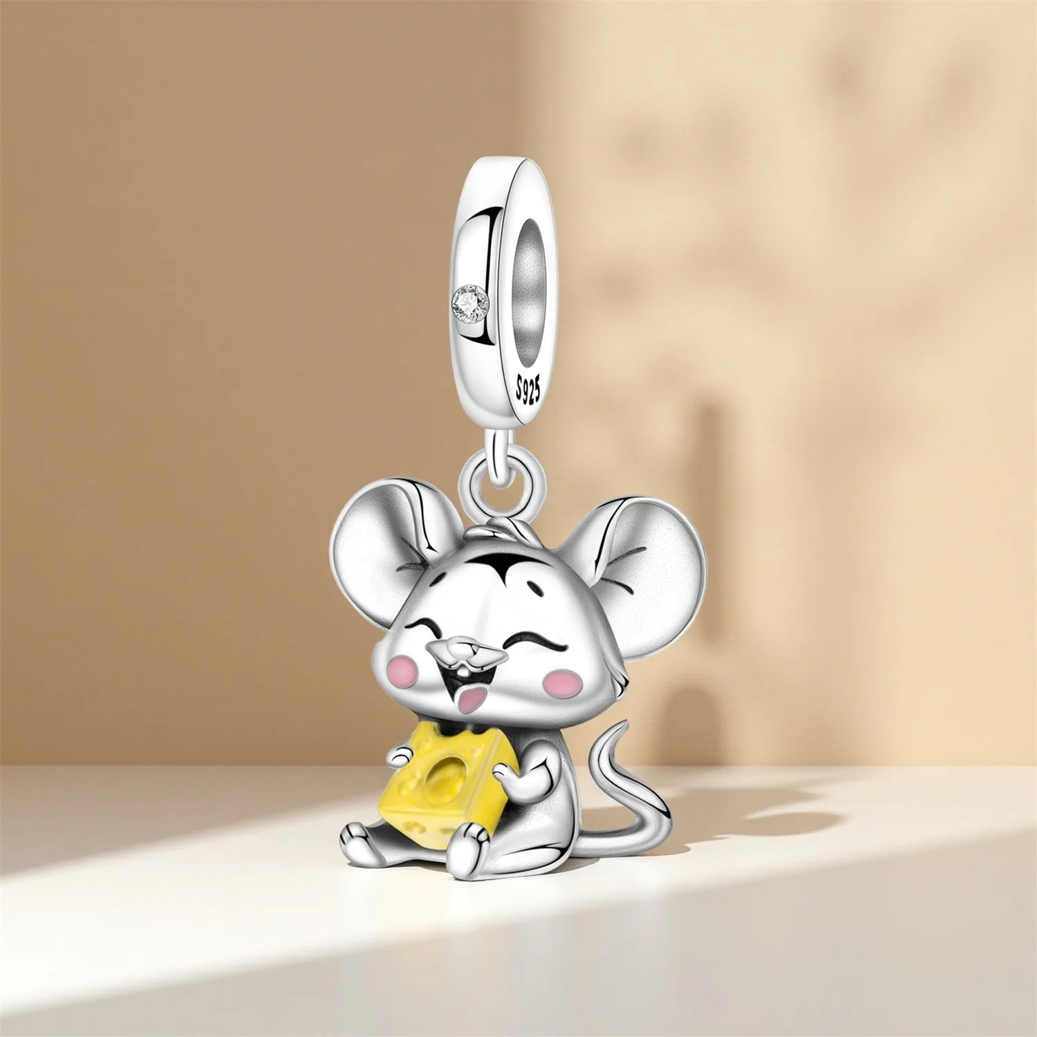 PANPOKI 925 Sterling Silver Cute Mouse Eating Cheese Charm Pendant | Original Bracelet DIY Jewelry Gift for Women