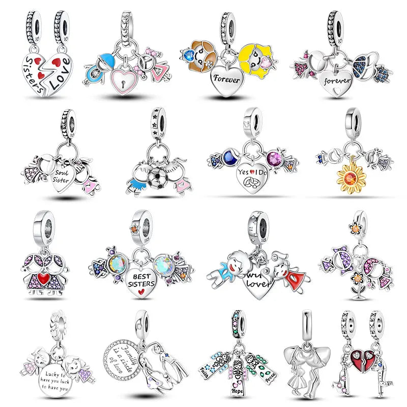 925 Sterling Silver Sweetheart Sister Charm | Fit Original Pandora & 3mm Bracelets DIY Jewelry Gift for Women