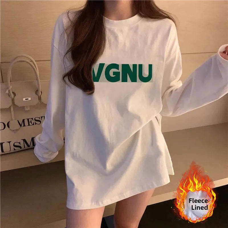 Women’s Long Sleeve Cotton T-Shirt | Fleece-Lined White Base Layer | Loose Fit Autumn Inner Wear