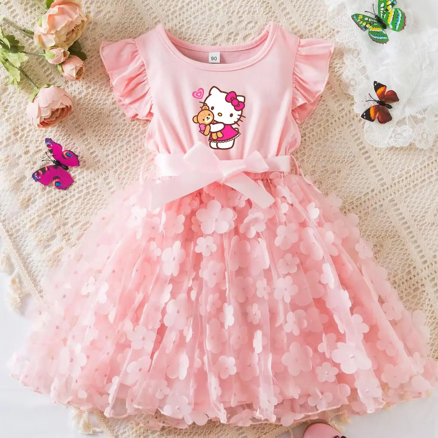Hello Kitty Girls Tulle Flower Princess Dress | Wedding & Party Tutu Dress | Sleeveless Birthday Gift Outfit