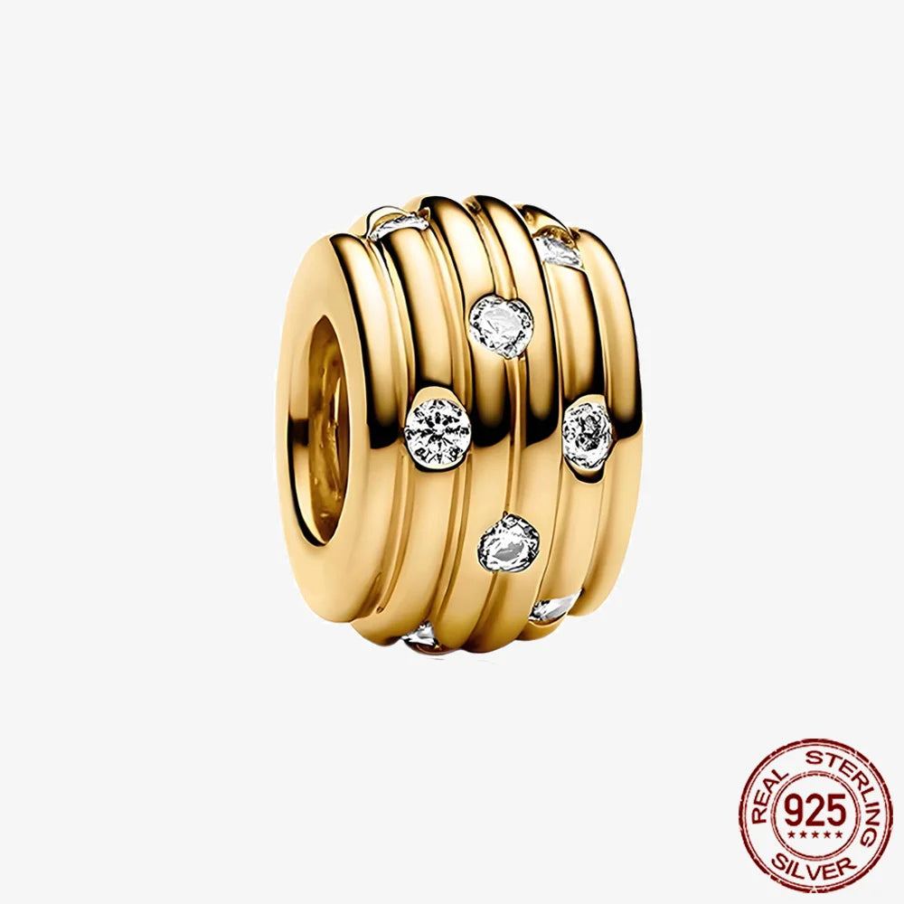 Sparkling Golden Series 925 Sterling Silver Pavé Clip Charm | Fit Original Pandora Bracelet – DIY Jewelry Christmas Gift