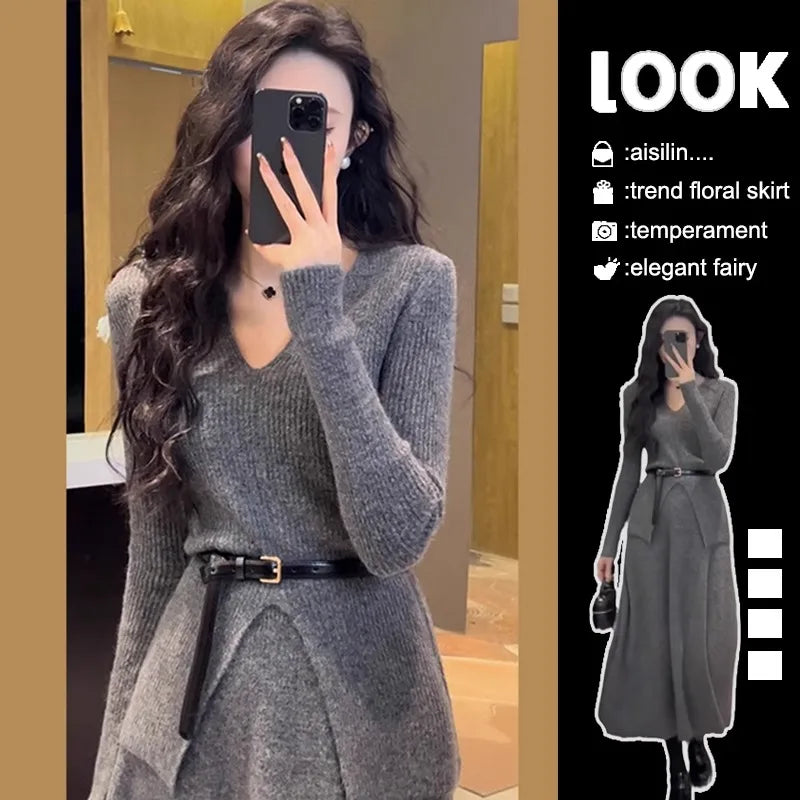Hebe Style Knitted Two-Piece Set for Women – Slim Fit High Waist Sweater & Split Skirt | Elegant Autumn Winter Korean Outfit