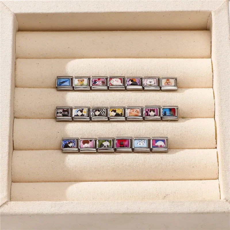 2025 Original Y2K Colorful Cute Cartoon Cats Dogs Italian Charm Links Fit 9mm Stainless Steel Bracelet Men Women DIY Making Gift