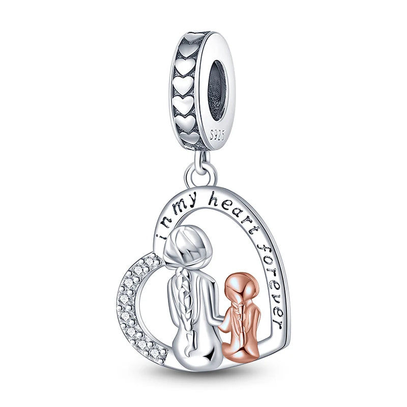 925 Sterling Silver Mother Daughter Love Embrace Pendant Charm | Heart Shaped Bracelet Bead DIY Fine Jewelry Gift