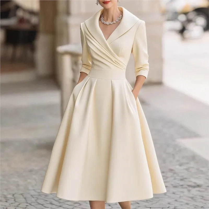 Elegant Solid Color V-Neck Waist Cinching Dress – Autumn Winter Women’s Long Sleeve Sexy Dress with Pockets | Ropa Mujer
