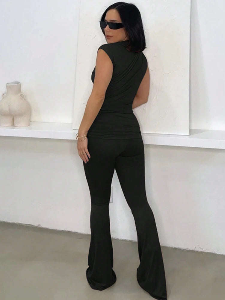 2025 New Arrival Women’s Black Drawstring Tank Top & Flared Trousers Set – Casual Tight-Fitting Everyday Outfit 🖤✨