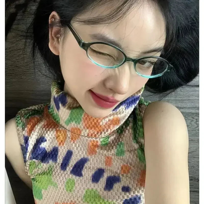 Retro Oval Glasses for Women & Girls – Y2K Red Green Frame Decorative Eyewear | Anti-Blue Light Computer Glasses for Seaside & Driving