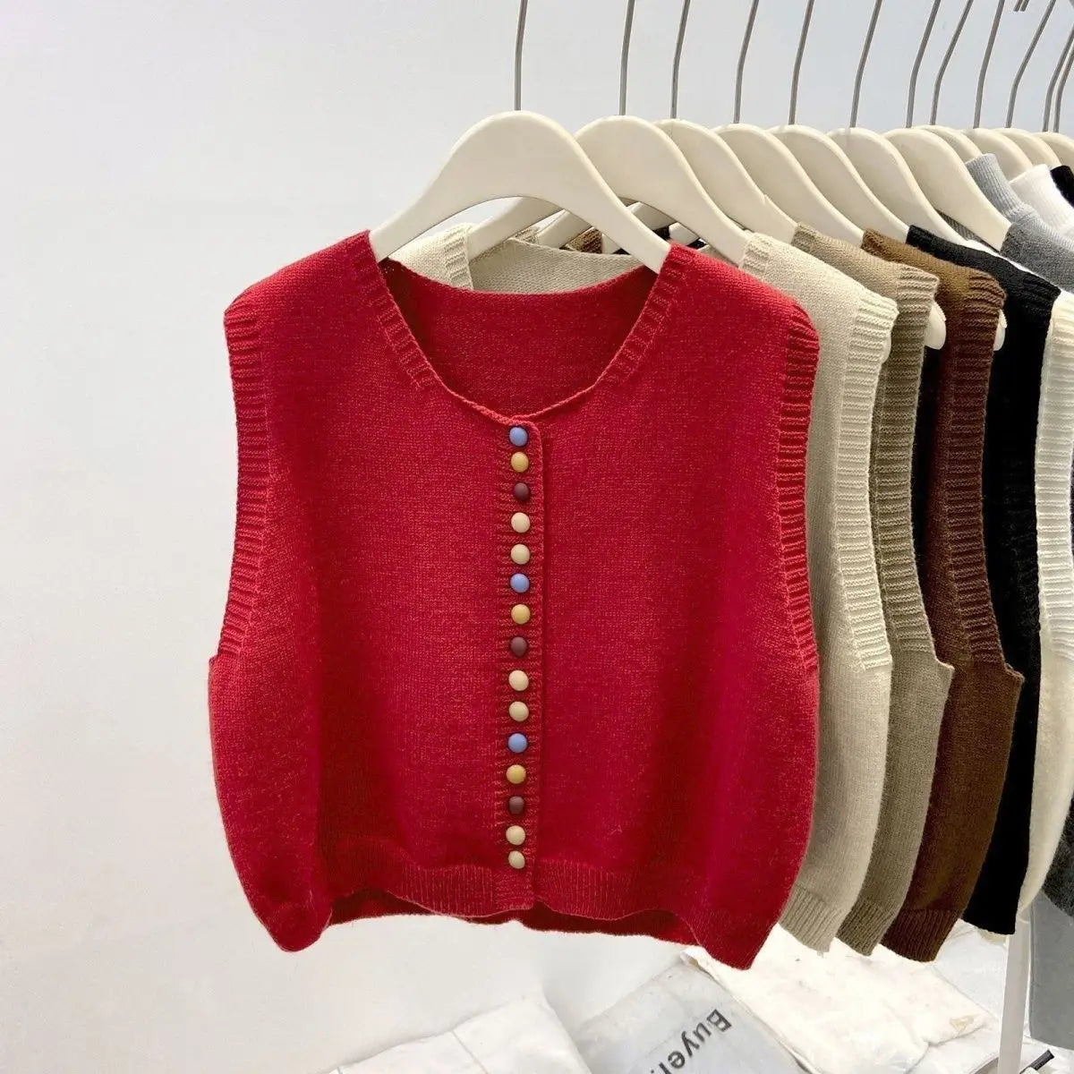 Women’s Rainbow Knit Sweater Vest | Autumn V-Neck Cardigan | Soft Button-Up Loose WaistcoatWomen’s Rainbow Knit Sweater Vest | Autumn V-Neck Cardigan | Soft Button-Up Loose Waistcoat