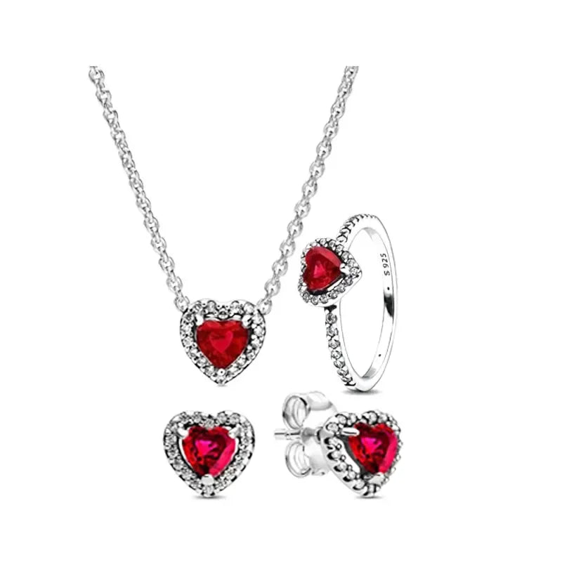 925 Sterling Silver Women’s Jewelry Set | Pink Heart Earrings, Ring & Necklace | Sparkling Luxury Holiday Gift