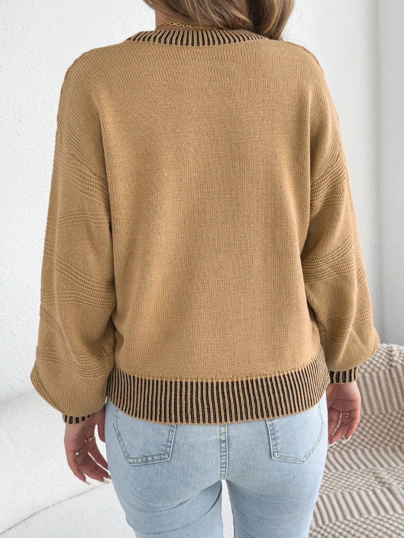 2025 Women’s Autumn Winter Round Neck Striped Sweater – Lantern Sleeve Knitted Pullover