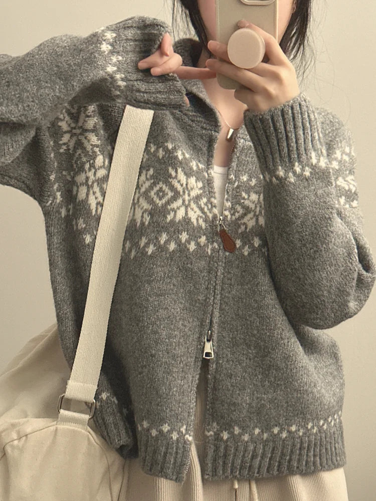📚 College Style Knitted Sweater Coat for Women 🍂 Double Zipper Loose Fit | Autumn New Arrival Lazy Turn-Down Collar Top 🧥