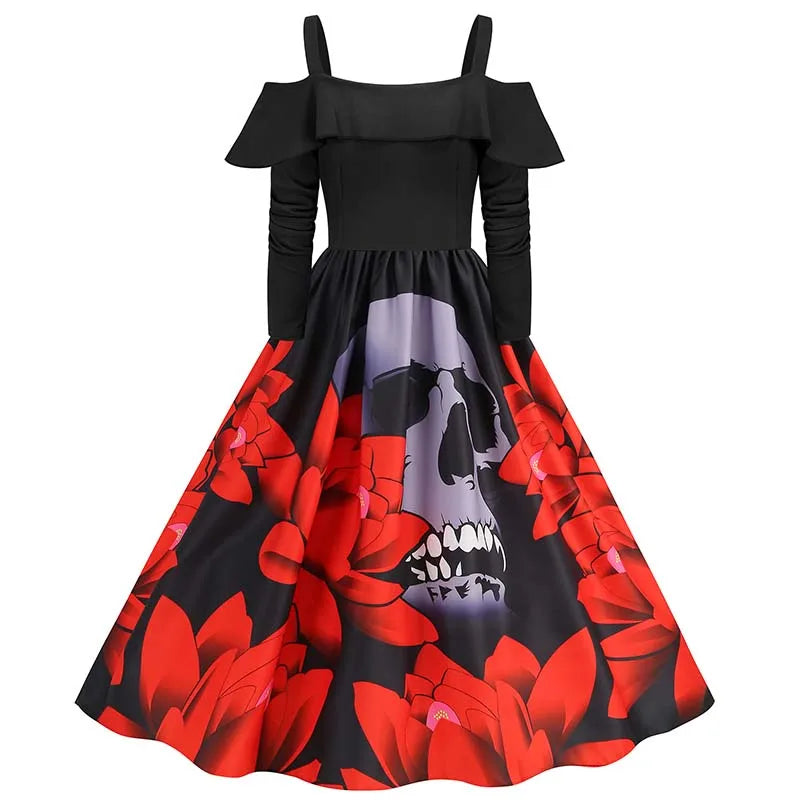 Elegant Spaghetti Strap Halloween Party Dress – Vintage Long Sleeve Ruffle Evening Prom Costume for Women | Autumn Winter