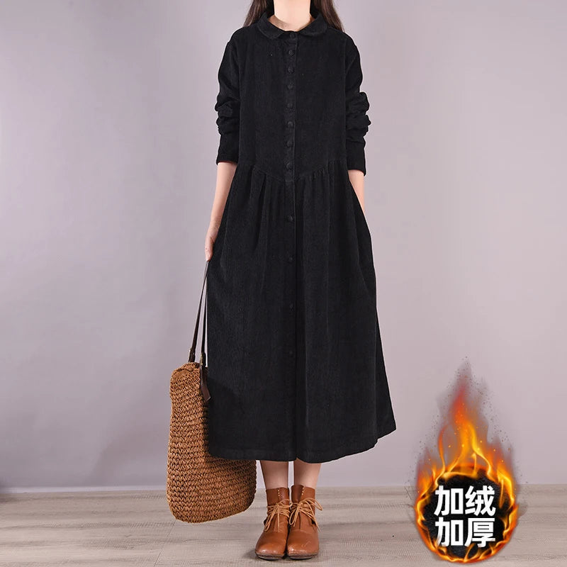 Retro Japanese Style Long Sleeve Corduroy Dress – Thick Fleece-Lined A-Line Winter Dress for Women | Solid Color