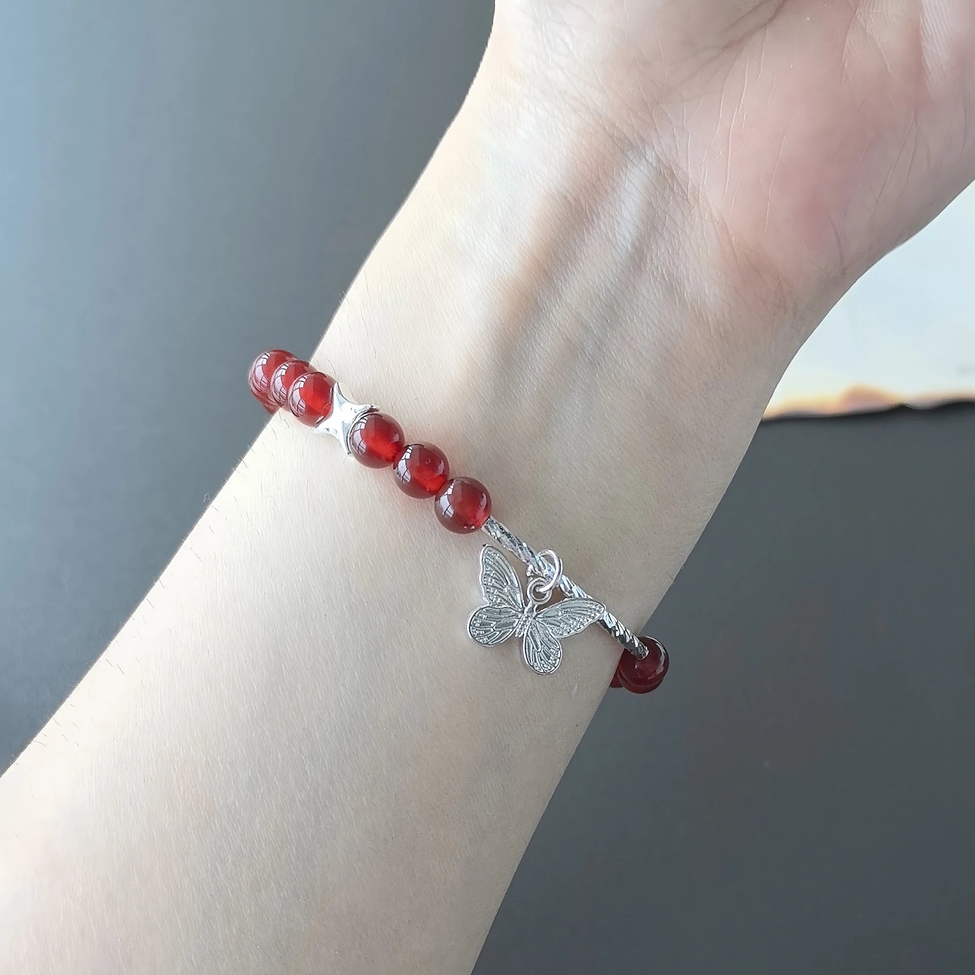 VENTFILLE 925 Sterling Silver Red Agate Bracelet | Flower Pendant Lucky Bead | Original Jewelry Gift for Women