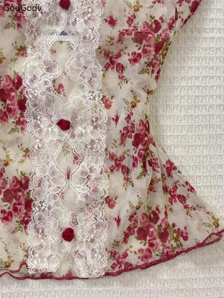 2025 Summer Women’s Floral Halter Lace Blouse – Vintage Sexy Slim Fit Korean Fashion Top