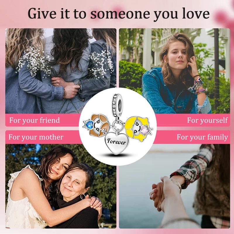 925 Sterling Silver Sweetheart Sister Charm | Fit Original Pandora & 3mm Bracelets DIY Jewelry Gift for Women