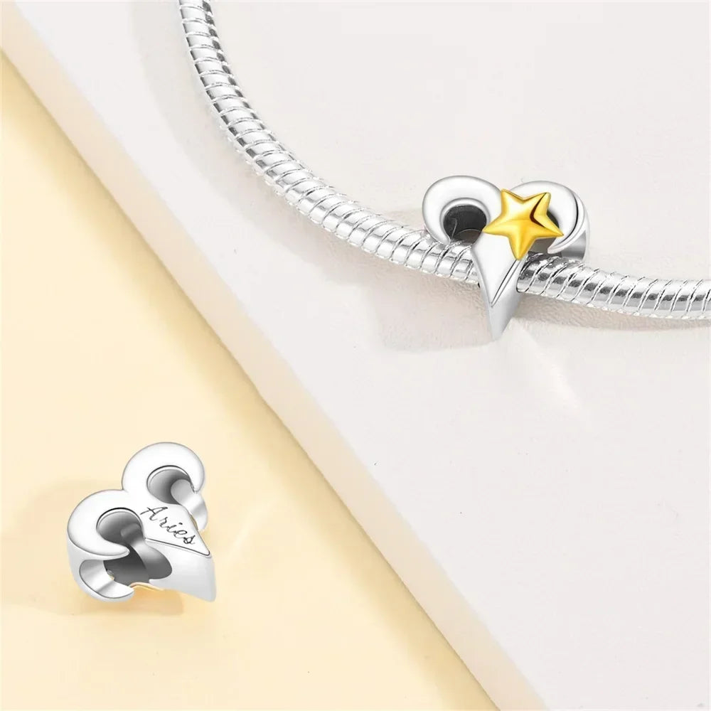 925 Silver Plated Twelve Constellations Charms Star Beads for Bracelet DIY Jewelry