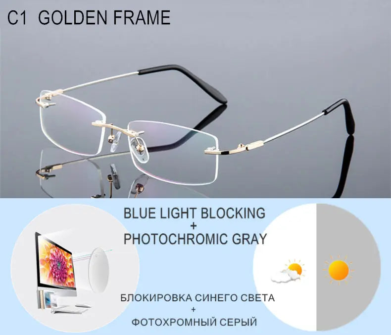 Titanium Alloy Rimless Glasses – Custom Prescription Eyewear for Men & Women | Anti Blue Ray & Photochromic Lenses