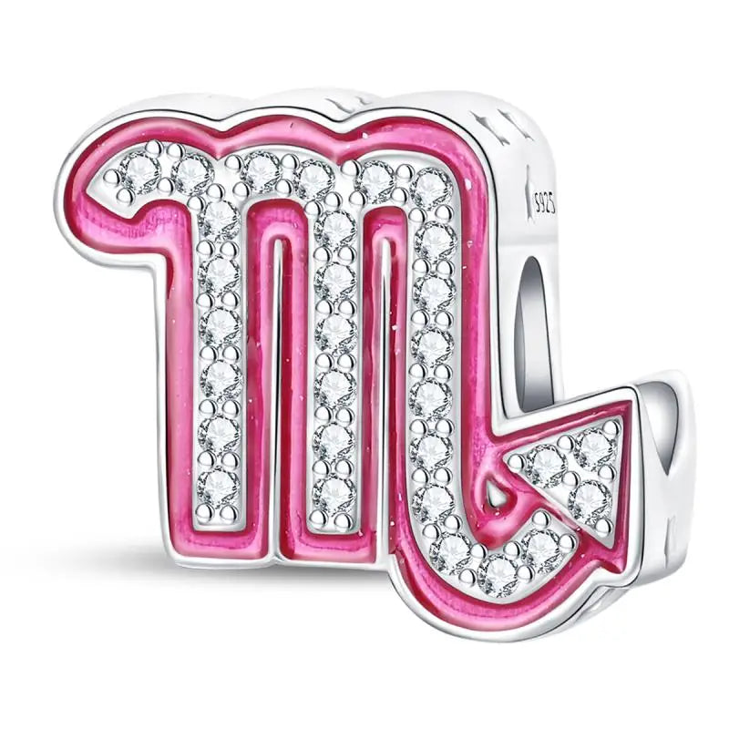 925 Sterling Silver Pink Zircon 12 Zodiac Signs Charms | Fit Original Pandora Bracelets DIY Jewelry Gift for Women